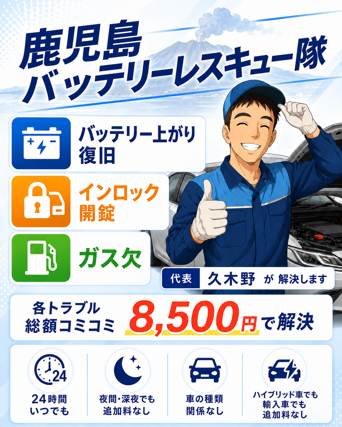 鹿児島の車の鍵開け・解錠｜スマートキー・鍵紛失時のロードサービス｜鹿児島バッテリーレスキュー隊